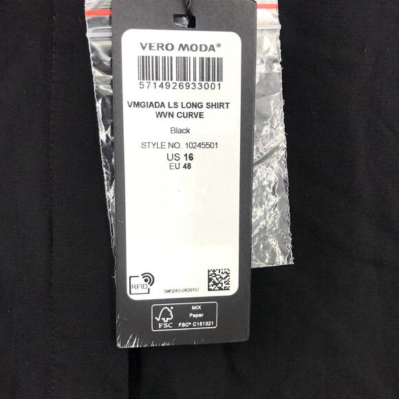 Vero Moda Giada Long Shirt Plus 16 Button Front Long Sleeve Tunic Black NWT - Picture 5 of 12